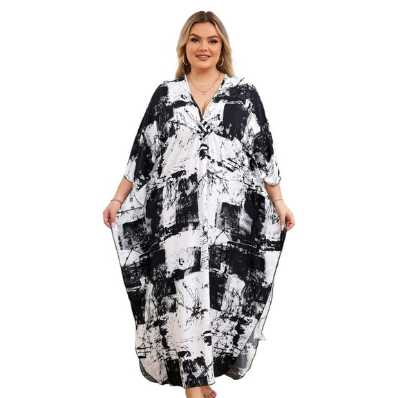 Edolynsa Plus Size Kaftan Dresses for Women Maxi Beach Dress Bathing Suit Cover up Lightweight Resort Wear Mumu Dress