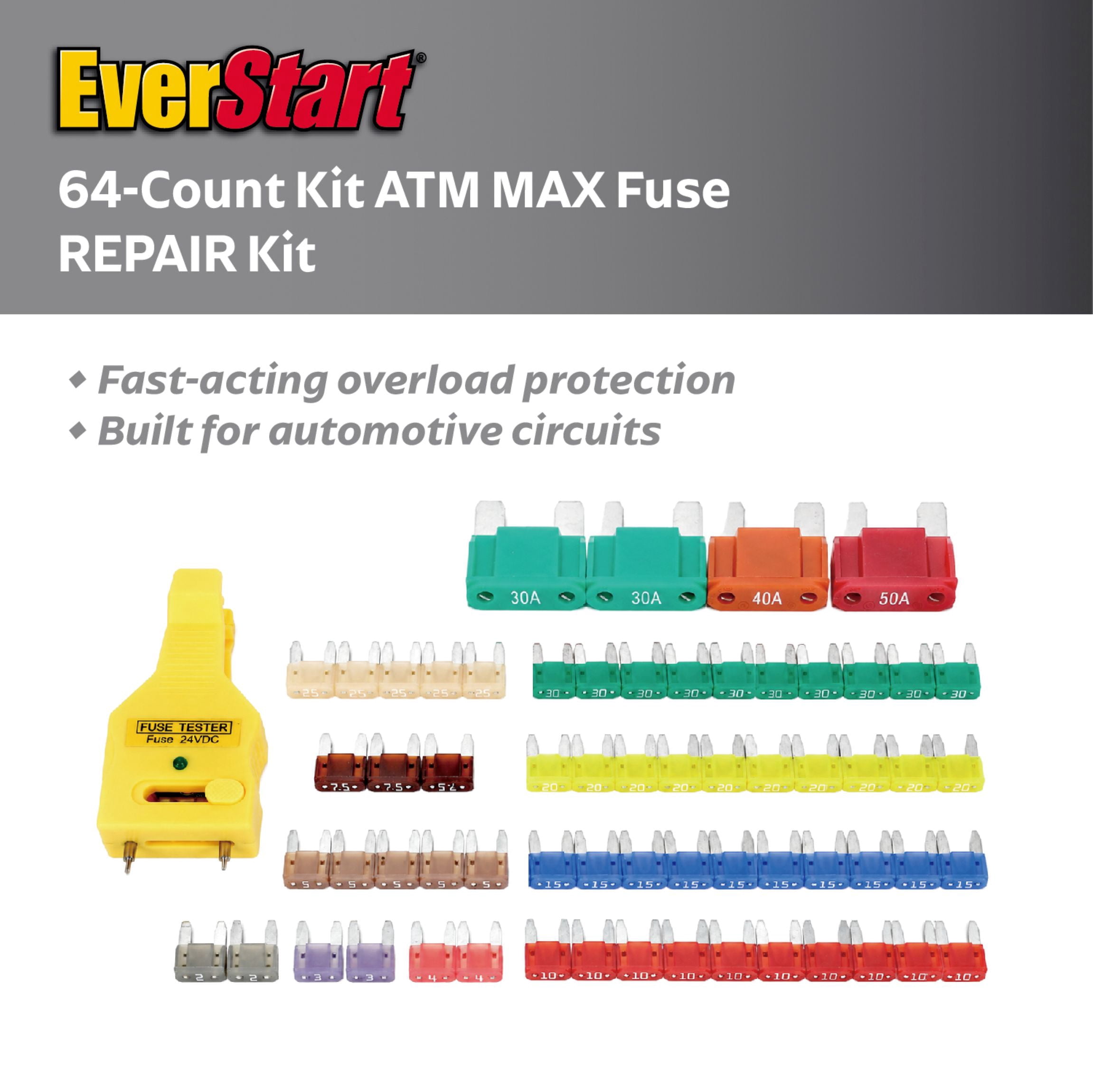 EverStart ATM/MAX Automotive Fuse Repair Kit with Fuse Tester, 64-Piece