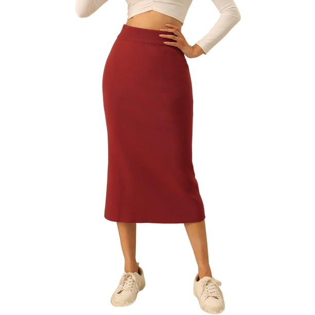 Faldas midi clásicas elásticas de cintura alta con abertura para mujeres Inspire Chic L color rojo vino