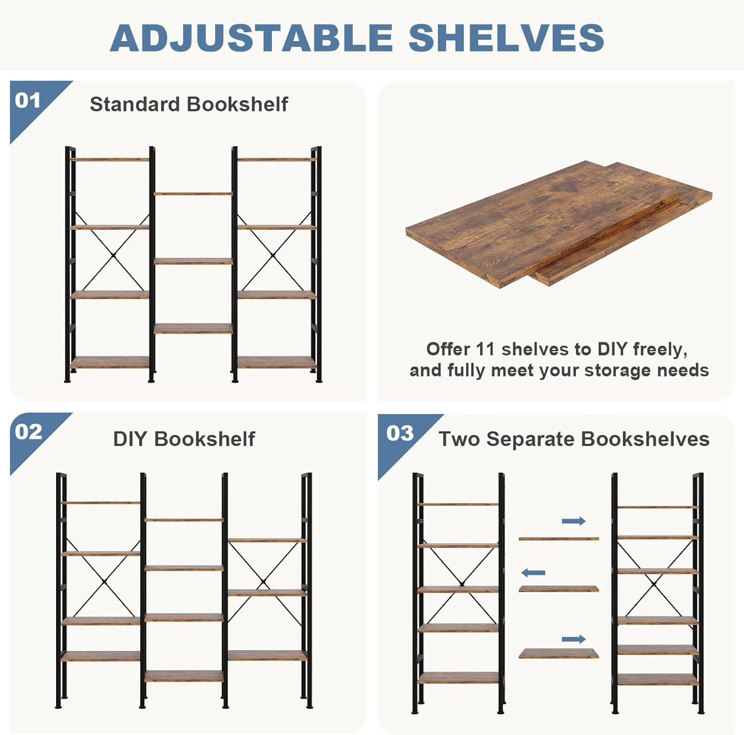 Atilioo Triple Bookshelf, 4-Tier Wide Bookcase with 11 Open Tall Display Shelves, Modern Industrial Book Shelves for Living Room Home Office, Brown