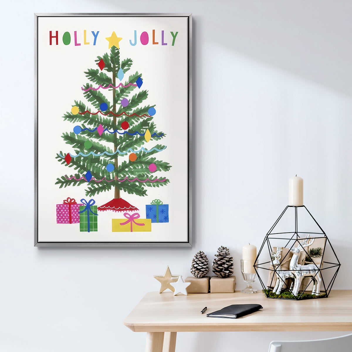 Colorful Christmas Collection B - Framed Gallery Wrapped Holiday Canvas - 27 x 41 - Silver Frame