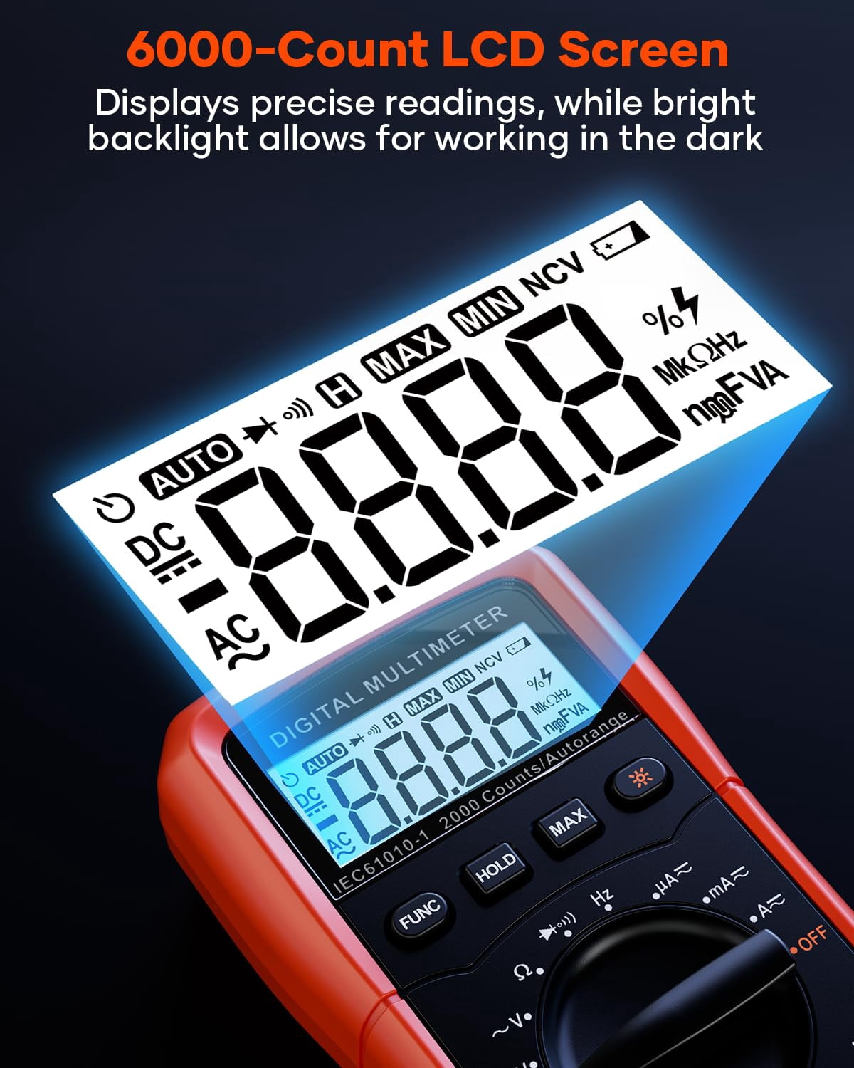 Digital Multimeter, 6000 Counts Auto-Ranging Tester, NCV Detection, Measures Voltage Current Resistance Capacitance Frequency