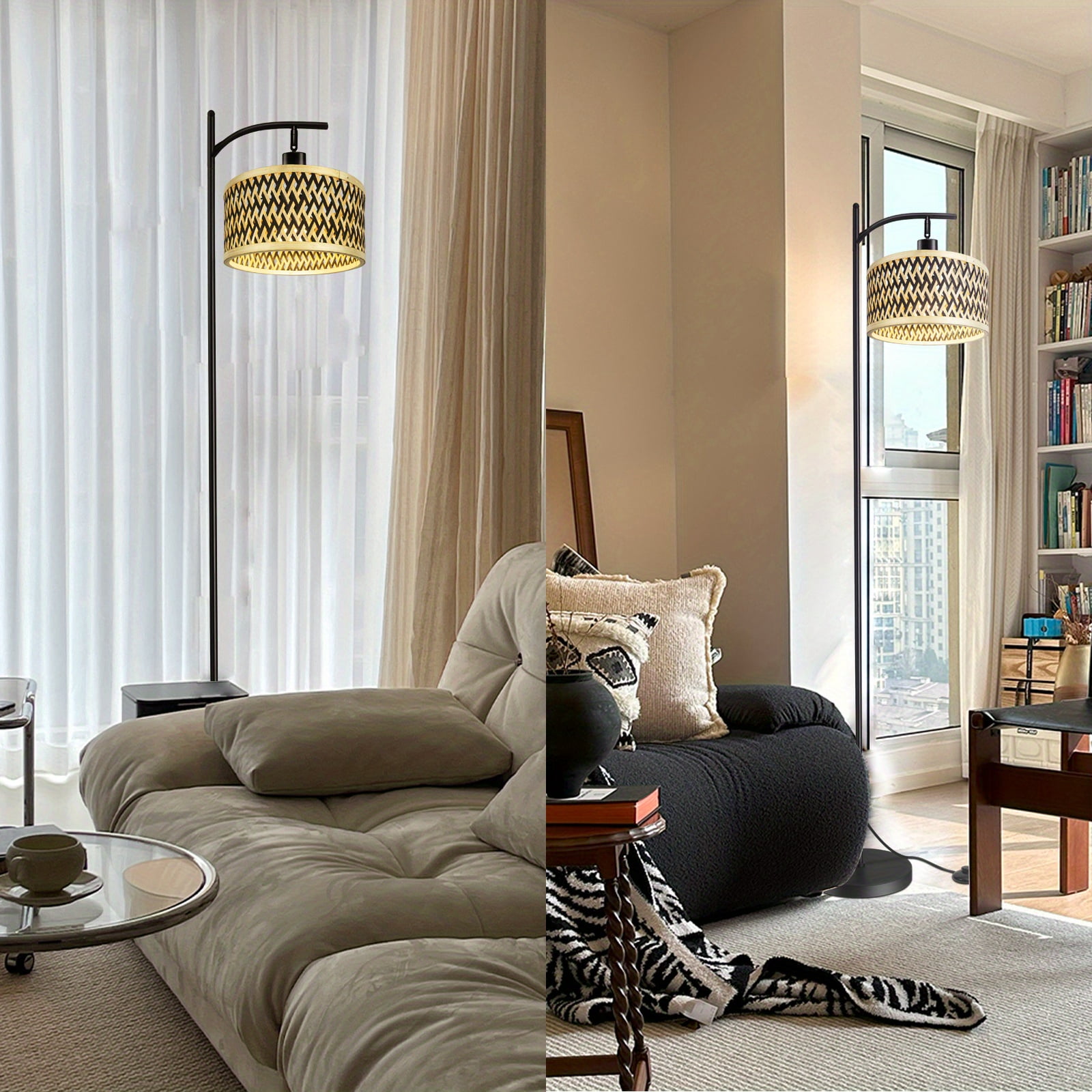 ArcoMead Modern Floor Lamp, Stylish Floor Lamp with Adjustable angle Lampshade, Rattan Boho Tall Standing Lamp for Living Room Bedroom Offfice
