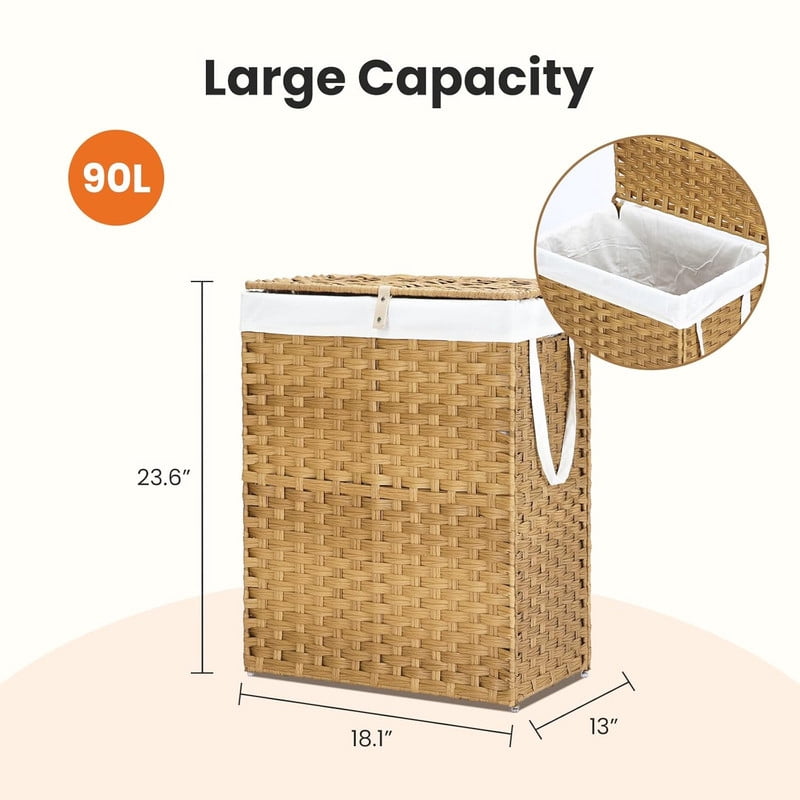 Simenmax 90L Foldable Laundry Hamper with Lid, Woven Laundry Basket with Removable Washable Liner, Rattan Clothes Hamper Sturdy Steel Frame Rattan Basket, Yellow