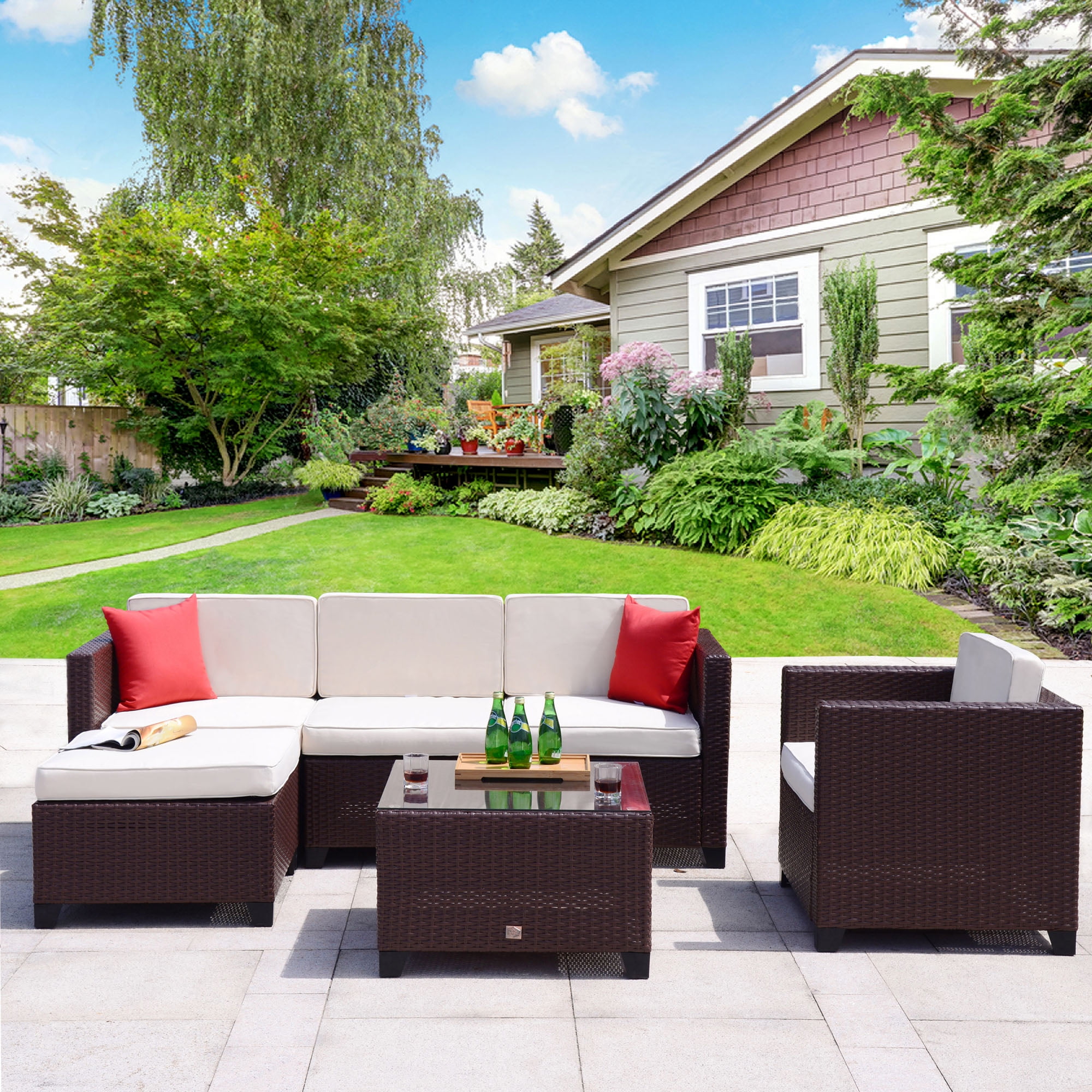 Cloud Mountain 6 Piece Rattan Wicker Furniture Set Outdoor Patio Garden Sectional Sofa Set by Cloud Mountain