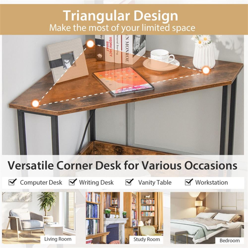 Demi Bonn Triangle Computer Corner Desk with Charging Station, Small Home Office Desk Study Writing Table, Brown