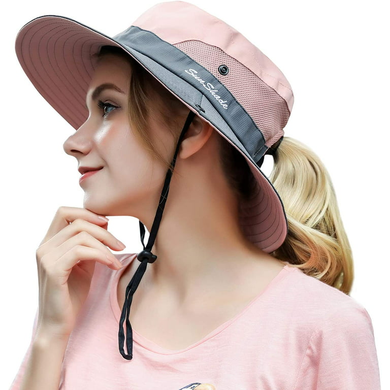 Womens Ponytail Sun Hat UV Protection Mesh Foldable Wide Brim Beach Fishing  Hat