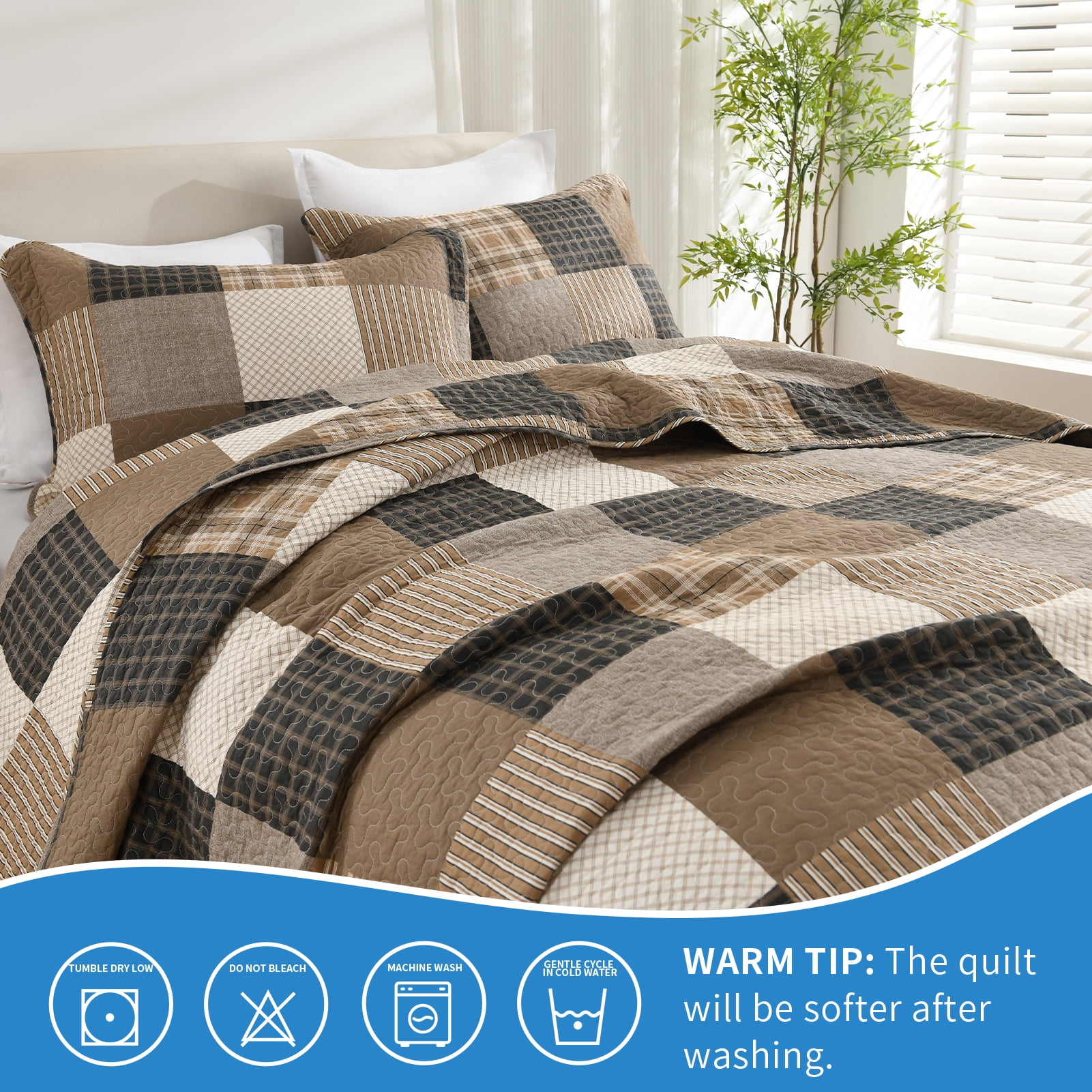 Bedduvit Farmhouse Plaid Queen Size Quilt - 100% Cotton Brown Gray Black Patchwork Quilts Bedspread for Queen Bed, Cabin Rustic Lightweight Reversible Quilt Set, All-Season 3-Piece Bedding Set, 98x90