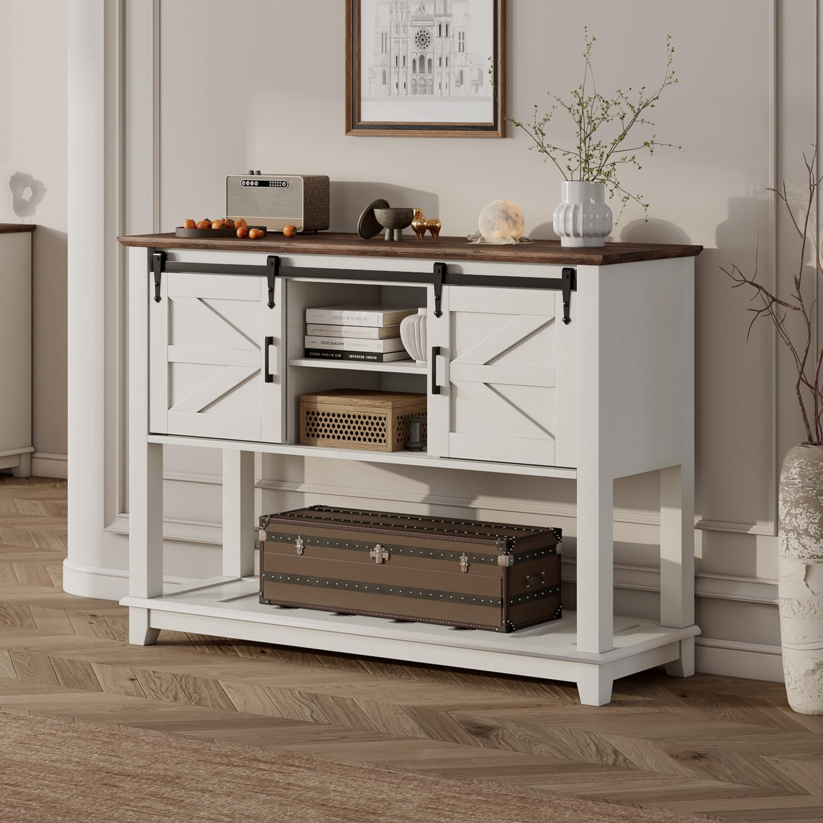 VANACC Farmhouse Entryway Table with Sliding Barn Doors, 46" Sofa Table, Antique White
