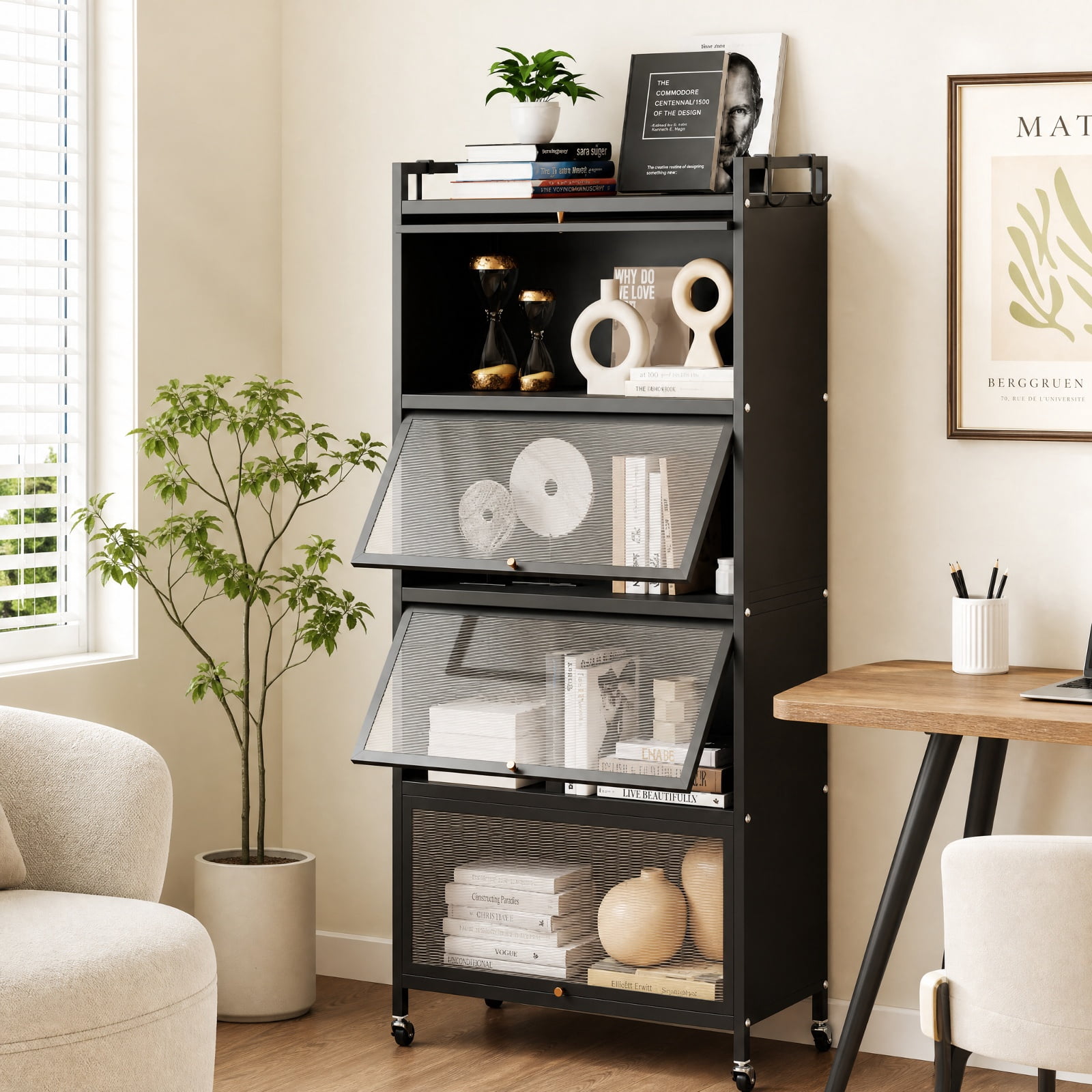 Furnibear 5 Tier Kitchen Storage Cabinet with 4 Flip Up Doors Rolling Wheels and Hooks Tall Metal Pantry for Kitchen and Garage, Black