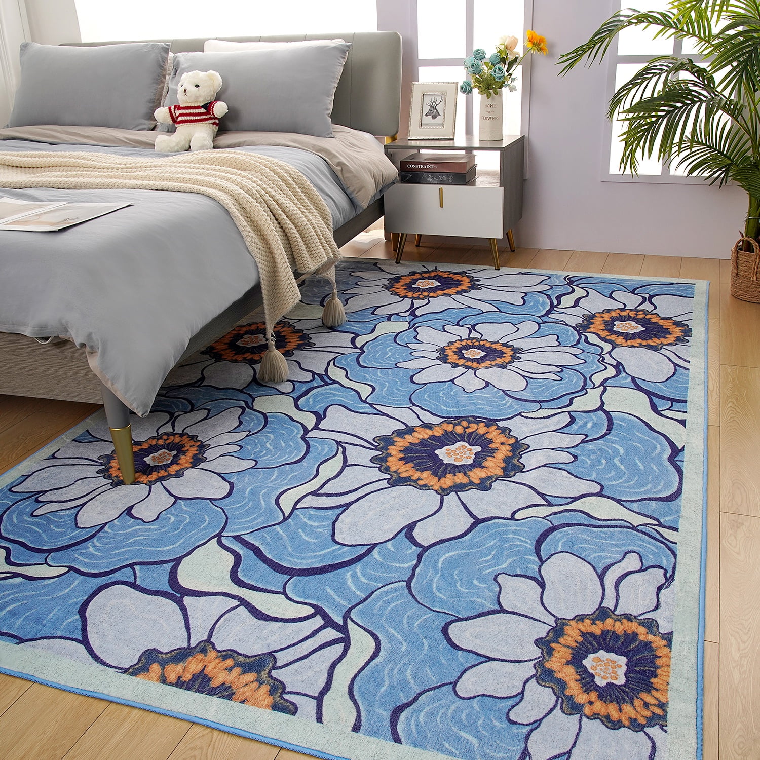 Arogan Flower Area Rug 6x9 for Bedroom, Living Room, Blue