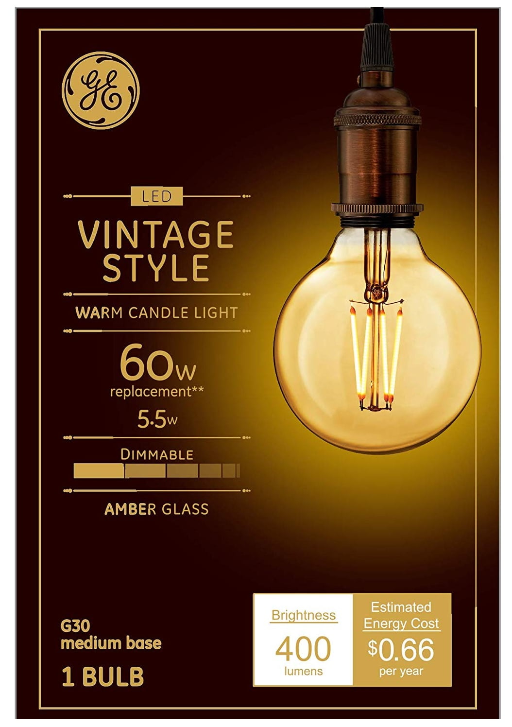 GE 42183 G30 Vintage Style Straight Filament LED Light Bulb, 5.5 Watts