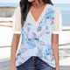 thumbnail image 3 of Gibobby Camisetas de verano para mujer Top manga corta con cuello en V encaje informal con estampado moda para mujer(Azul,XL), 3 of 4