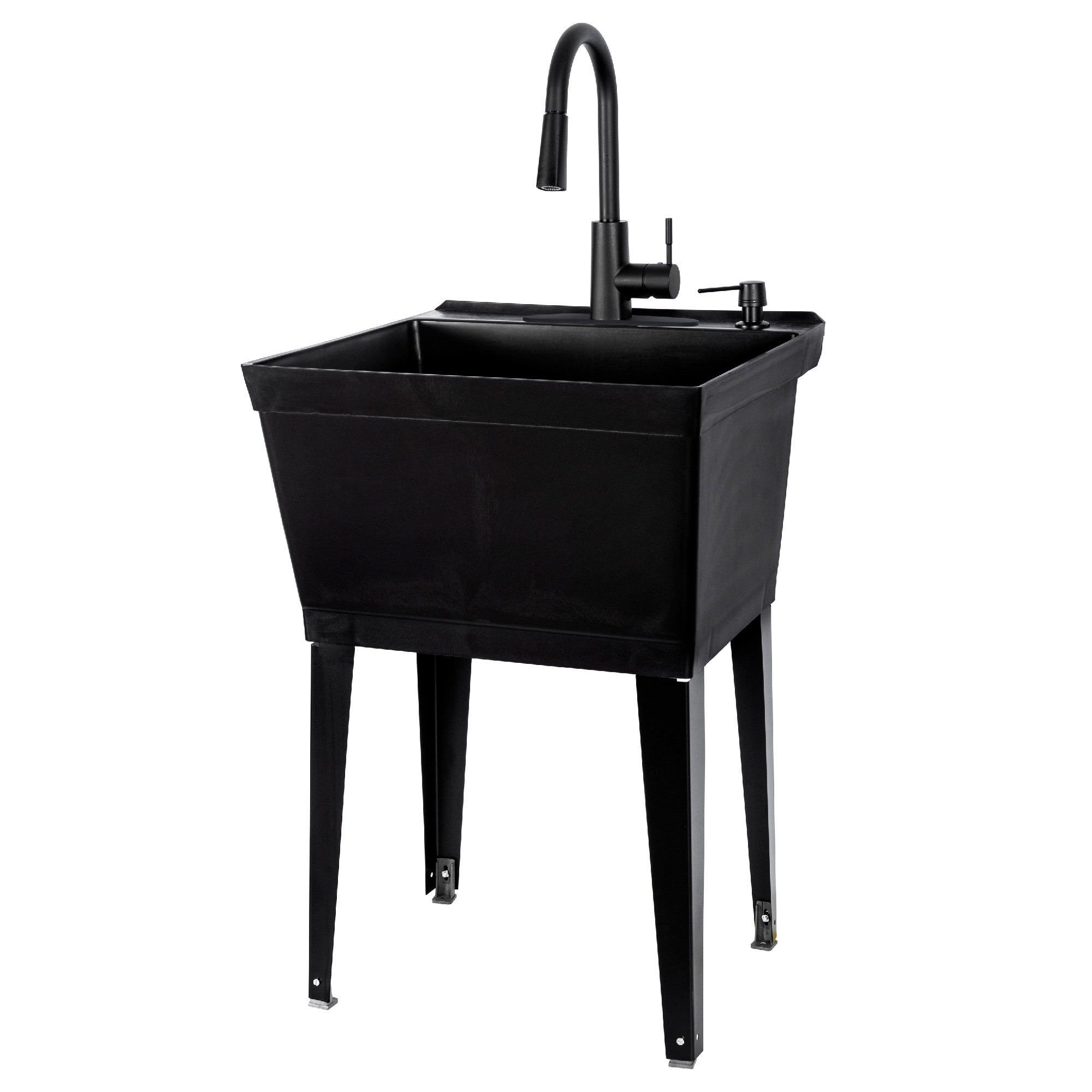TEHILA Freestanding Floor Mount Black Utility Sink with Black HighArc Faucet for Laundry Room
