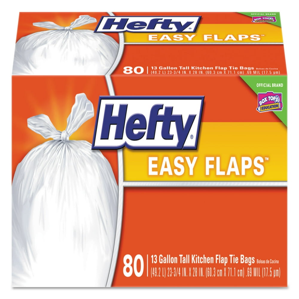 Hefty Easy Flaps TallKitchen Trash Bags, 13gal, 0.8 Mil, White, 80/Box