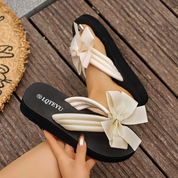 BADHUB Women's Flower Casual Flip Flops Boho Open Toe Slip On Bowknot Flat Dressy Sandals Beach Vacation Slippers Beige 40