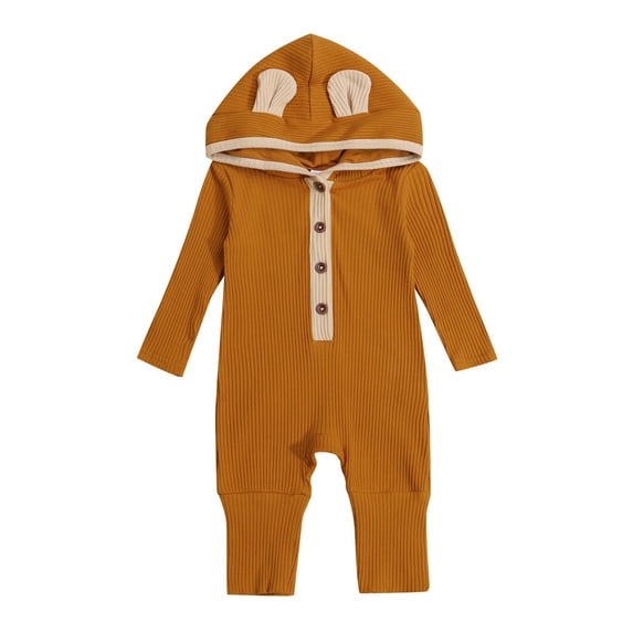 Qiylii Baby’s Romper Button Round Neck Long Sleeve Ear Patchwork Hooded Jumpsuit