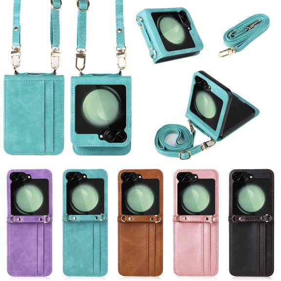 for Samsung Galaxy Z Flip 6 Wallet Case with Card Holder, Luxury PU Leather Protective Cover Removable Adjustable Shoulder Neck Strap Case for Samsung Galaxy Z Flip 6 Crossbody, Green