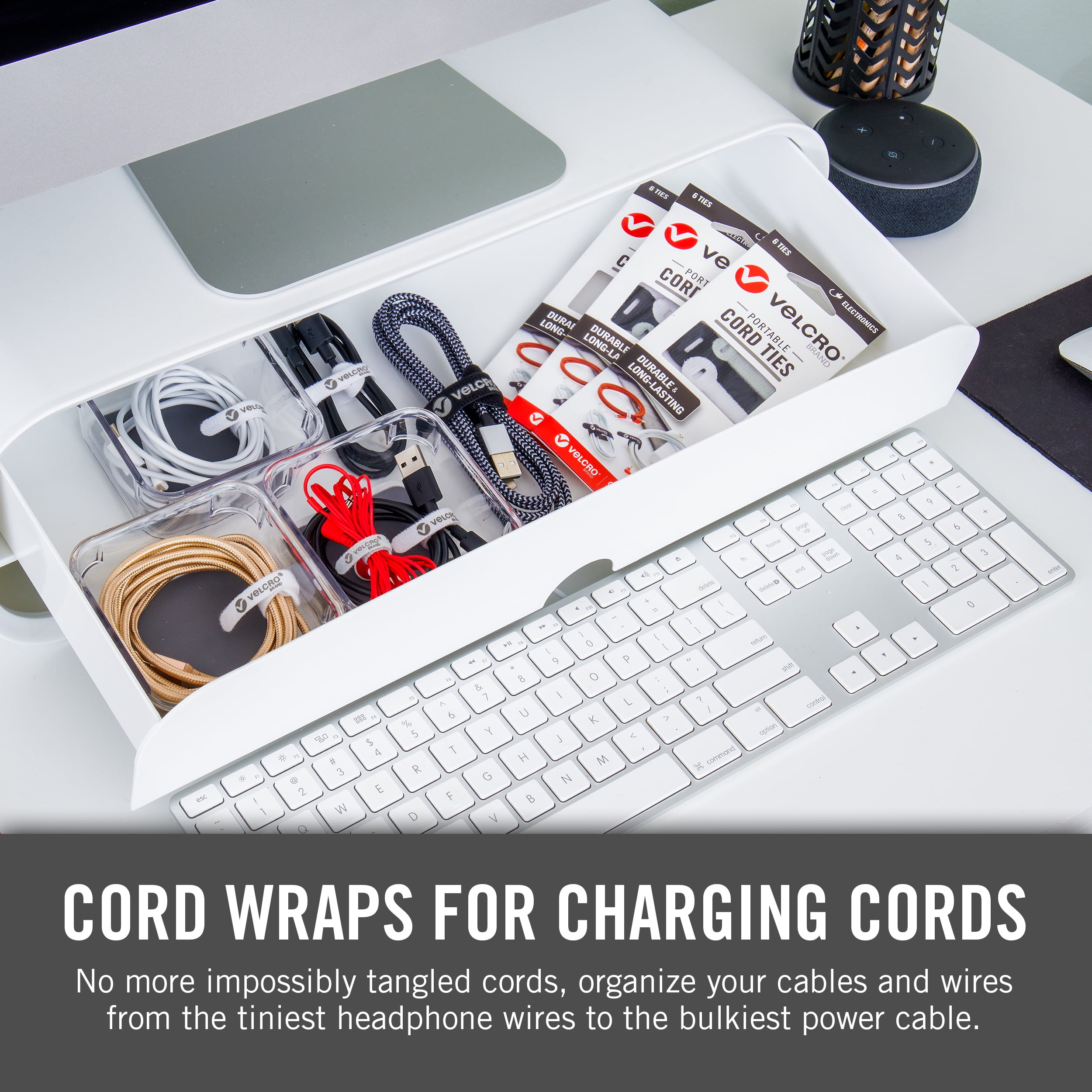 VELCRO Brand Portable Cord Ties | Organize Headphone Wires, Charging Cables, Power Cords in Backpacks Briefcases and Travel Bags | 3 Sizes and Colors, 36 pc Bulk Pack, 36pk Cord Ties