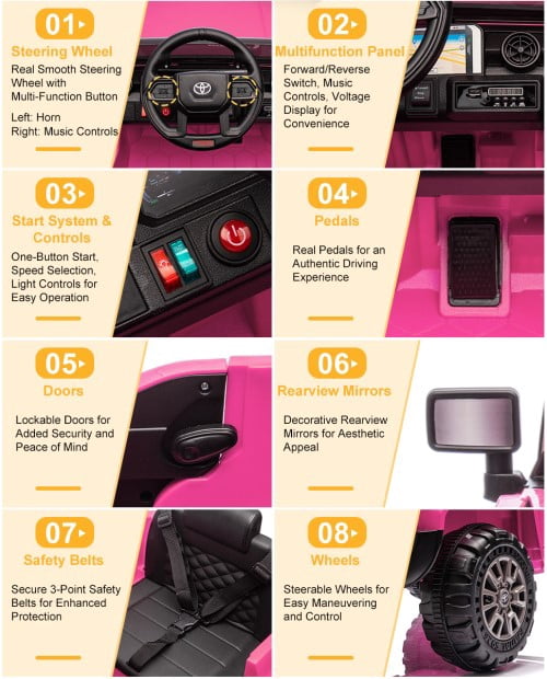 Winado Licensed Toyota 12V Kids Electric Ride On Car with Remote Control, Music, Lights, Pink