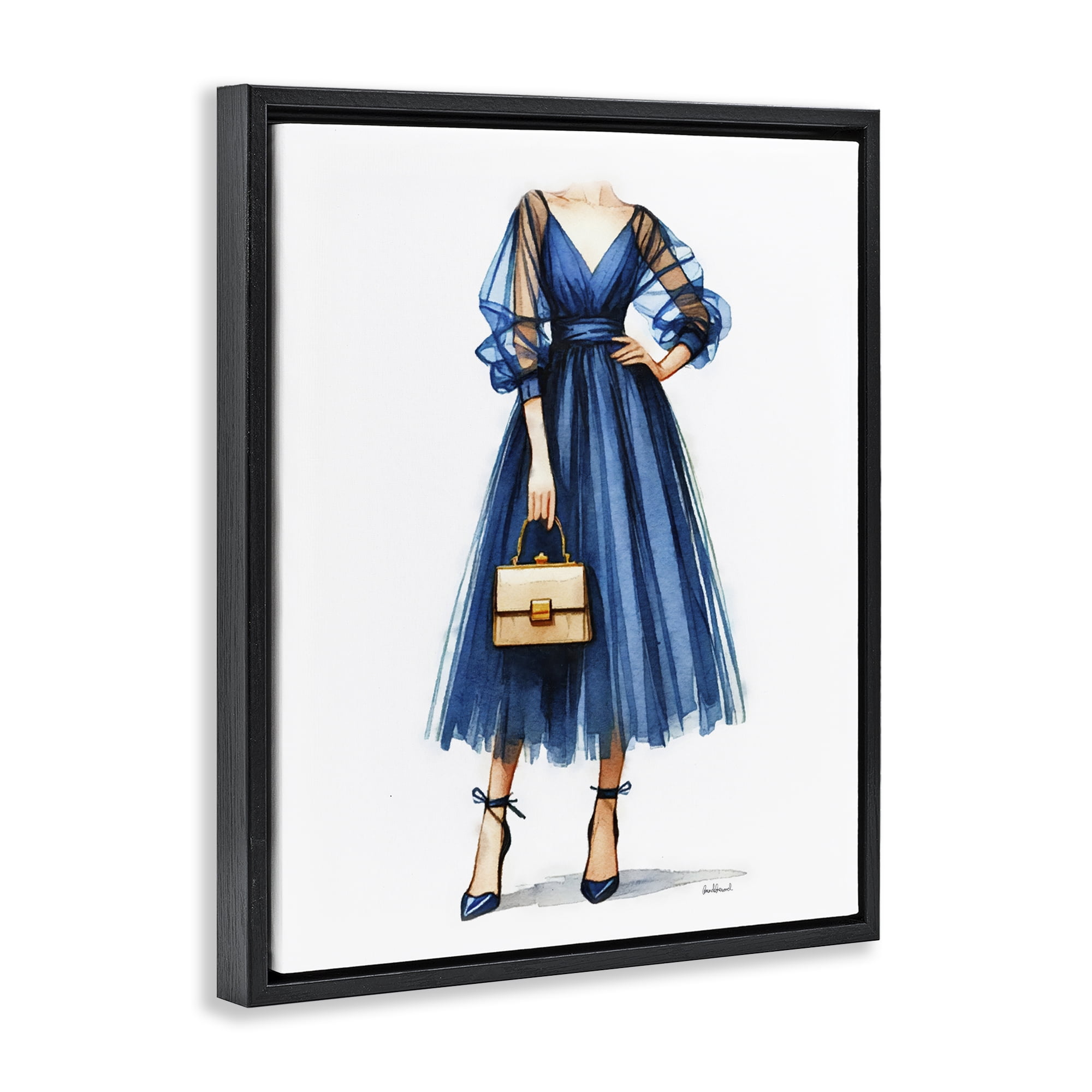 Stupell Industries Glam Blue Fashion Gown Fashion Painting Black Floater Framed Canvas Art Print Wall Art, 17 x 21