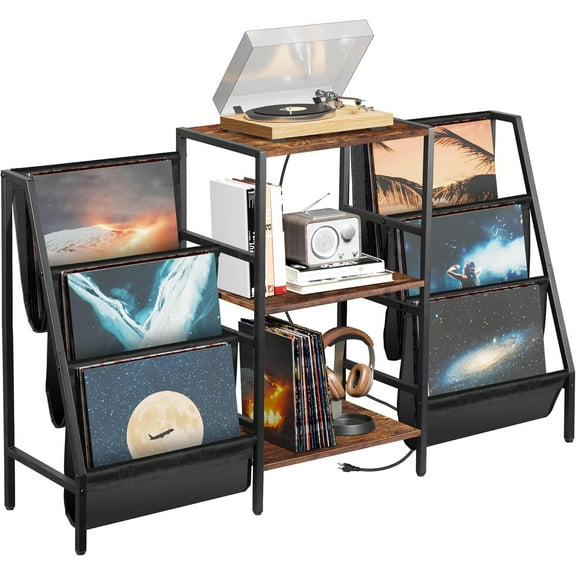 YSNW Record Player Stand with Charging Station, 3-Tier Vinyl Storage Rack Storage Up to 280 Albums, Record Player Table Turntables Stand for Speaker, Amplifier, Rustic Brown