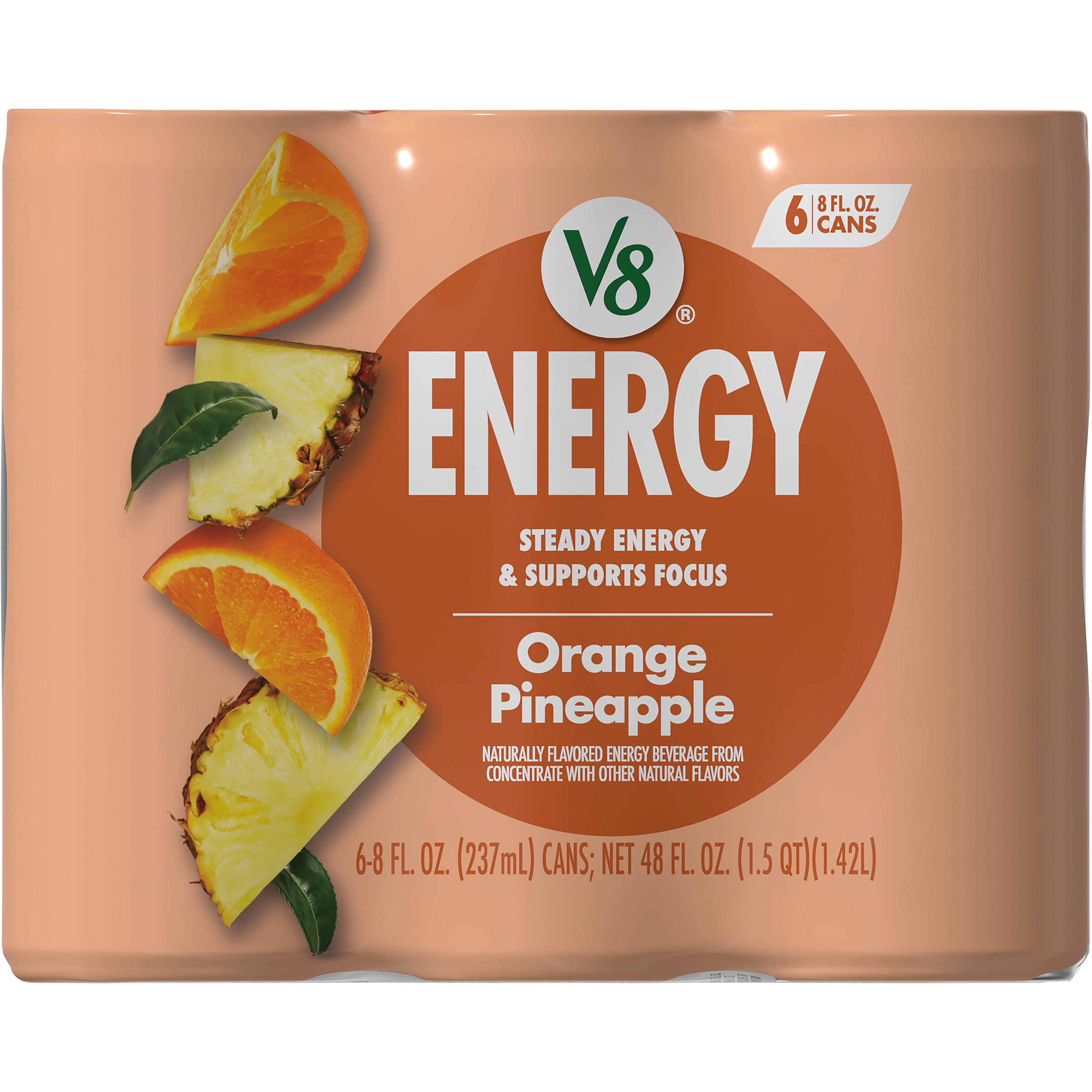(4 pack) V8 Energy Orange Pineapple Energy Drink, 8 fl oz Can, 6 Pack
