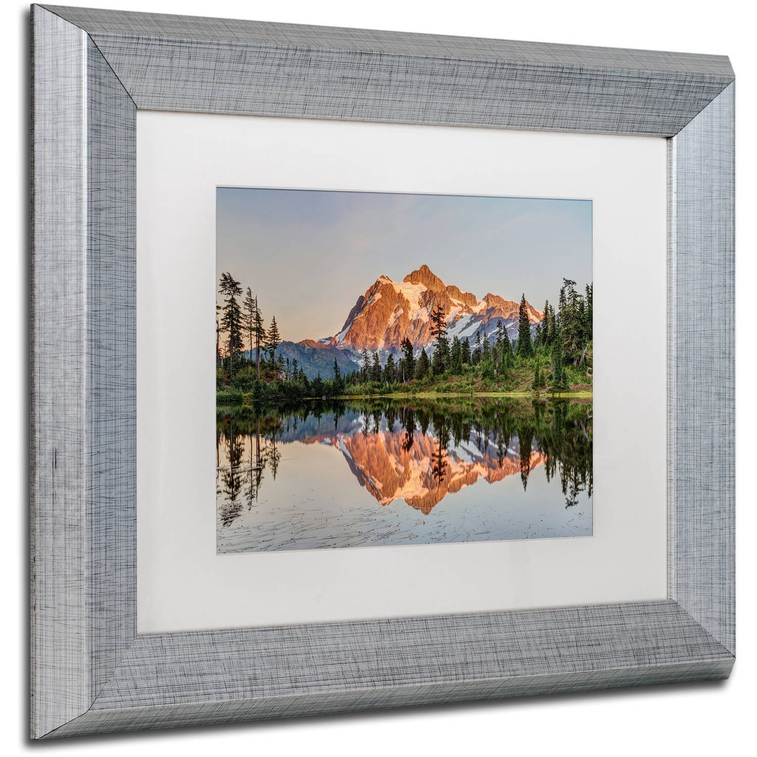 Trademark Fine Art 'Picture Lake Sunset' Canvas Art by Pierre Leclerc, White Matte, Silver Frame