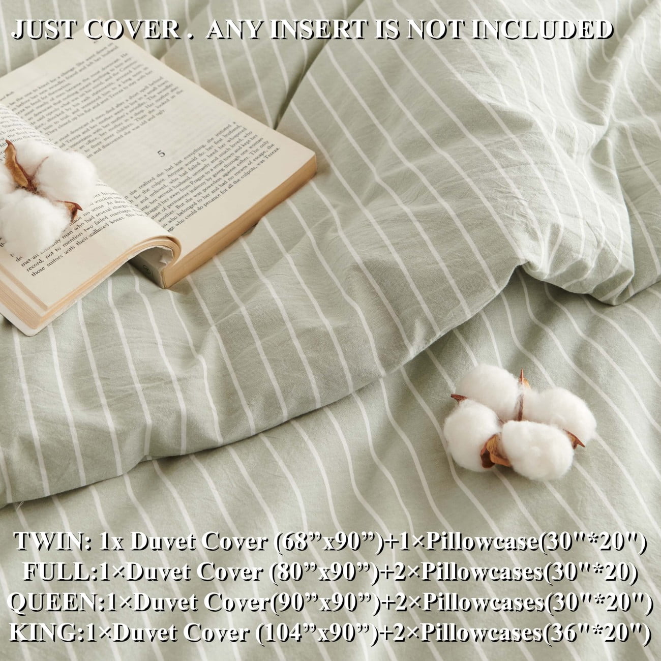 NAYOROOM 100% Cotton Duvet Cover Queen Set, 3-Piece Breathable Comforter Cover（Sage Green & White Striped）