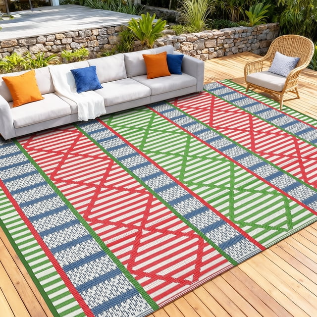 Nanan 9'x12' Geometric Outdoor Rug, All-Weather Waterproof Patio Mat, UV Resistant, Stain Resistant, Easy Clean Plastic Rug for Patio Garden RV Campsite,Green Blue Rose Red Beige