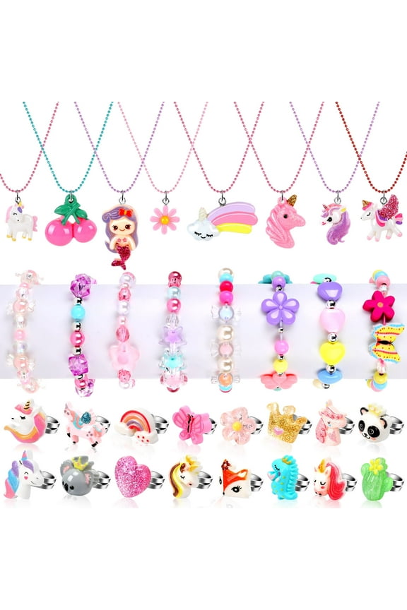 32 Pcs Little Girl Jewelry Set, Kids Jewelry for Toddler Girl Toys 3-8, Girls Play Rings Necklaces Bracelets, Princess Jewelry Toy for Toddler Girls Gifts Age 3 4 5 6 7 8