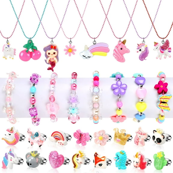 sixwipe 32 Pcs Little Girl Jewelry Set, Kids Jewelry for Toddler Girl Toys 3-8, Girls’ Play Rings Necklaces Bracelets, Princess Jewelry Toy for Toddler Girls Gifts Age 3 4 5 6 7 8