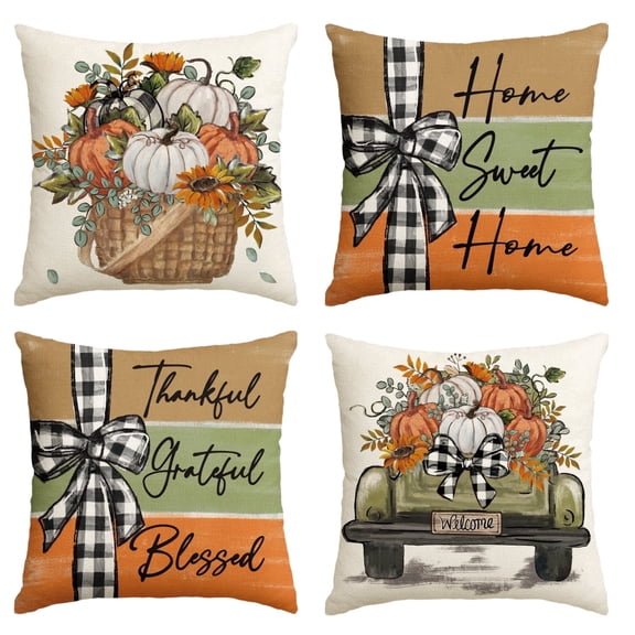 Sm:)e Pumpkin Truck Sunflowers Home Sweet Home Fall Throw Pillow Covers, 18 x 18 Inch Autumn Thankful Grateful Blessed Harvest Floral Decorations for Sofa Couch Set of 4