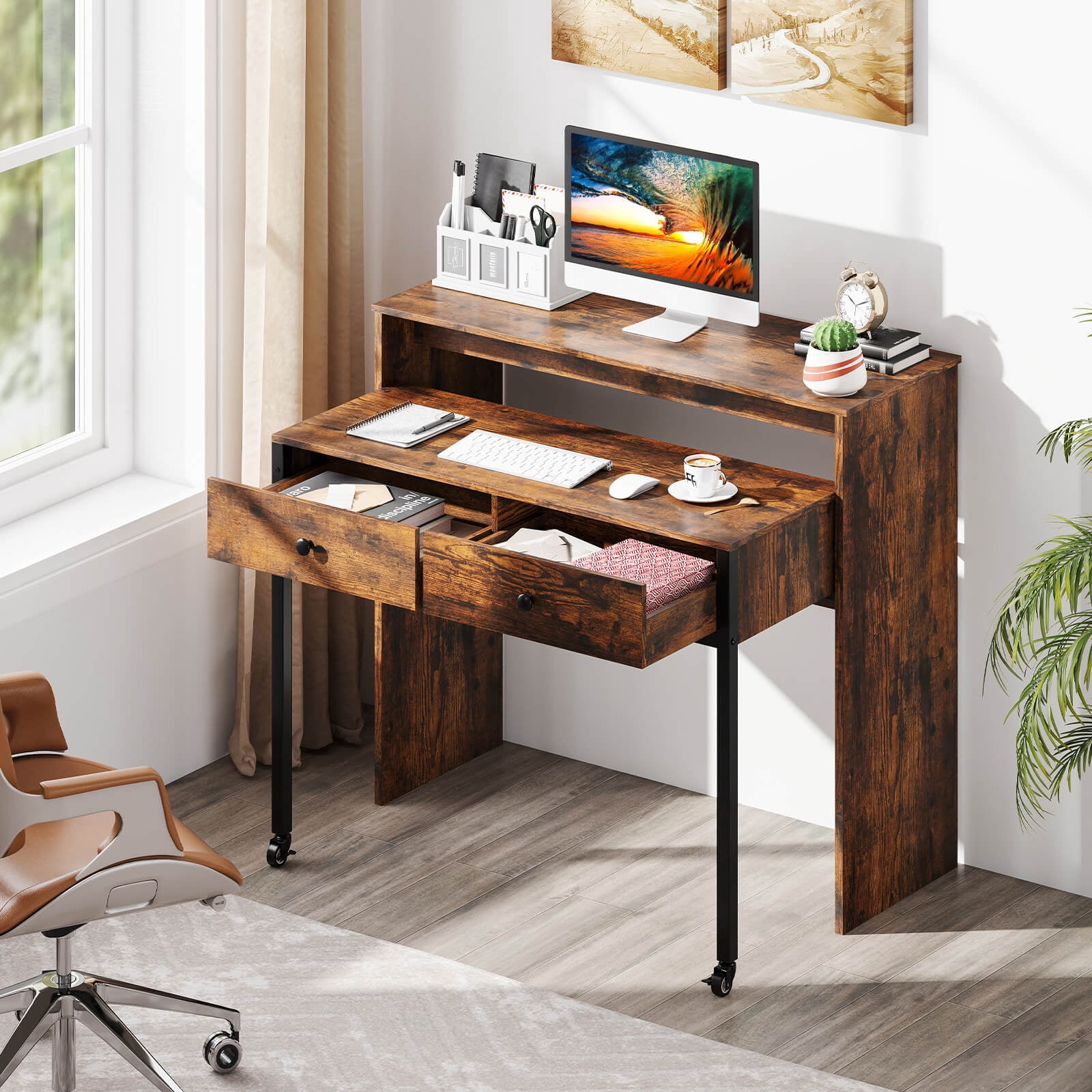 Costway 39.5" Expandable Rolling Computer Desk with Monitor Shelf 2-tier Desktop 2 Drawers Brown