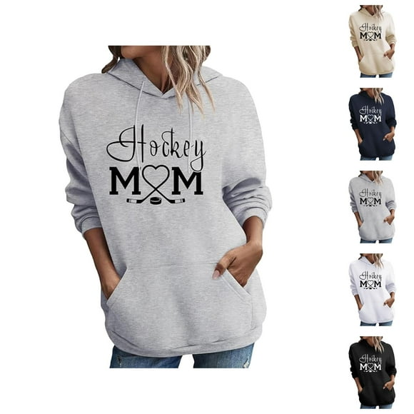 Hockey Mom Sweatshirt for Women 2026 Fall Winter Casual Long Sleeve Graphic Hoodie Hockey Mom Shirt with Pockets Pullover Top
