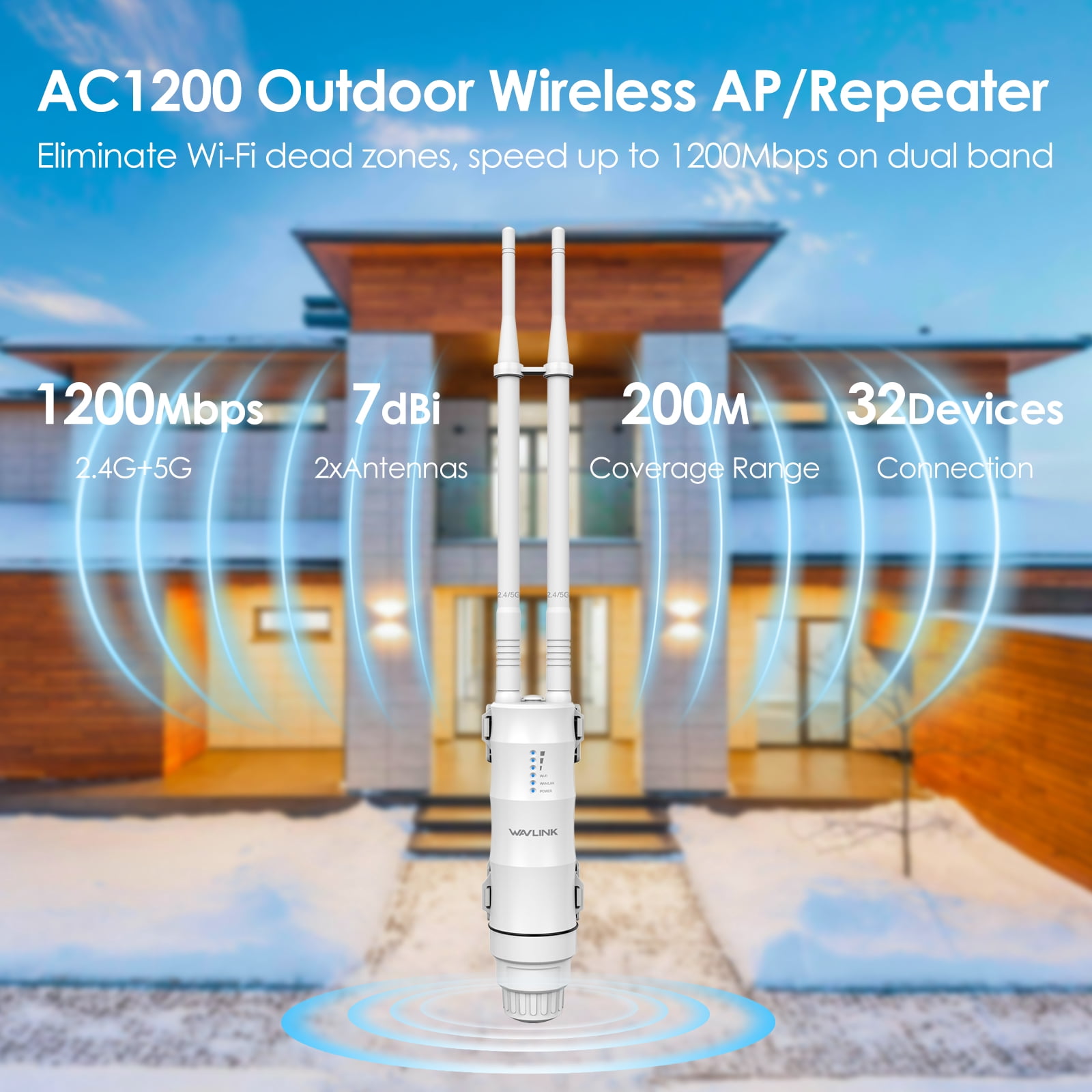 AC1200 Dual Band Outdoor WiFi Router, WiFi Extender with PoE & IP67 Waterproof, Supports AP/Router/Repeater Modes