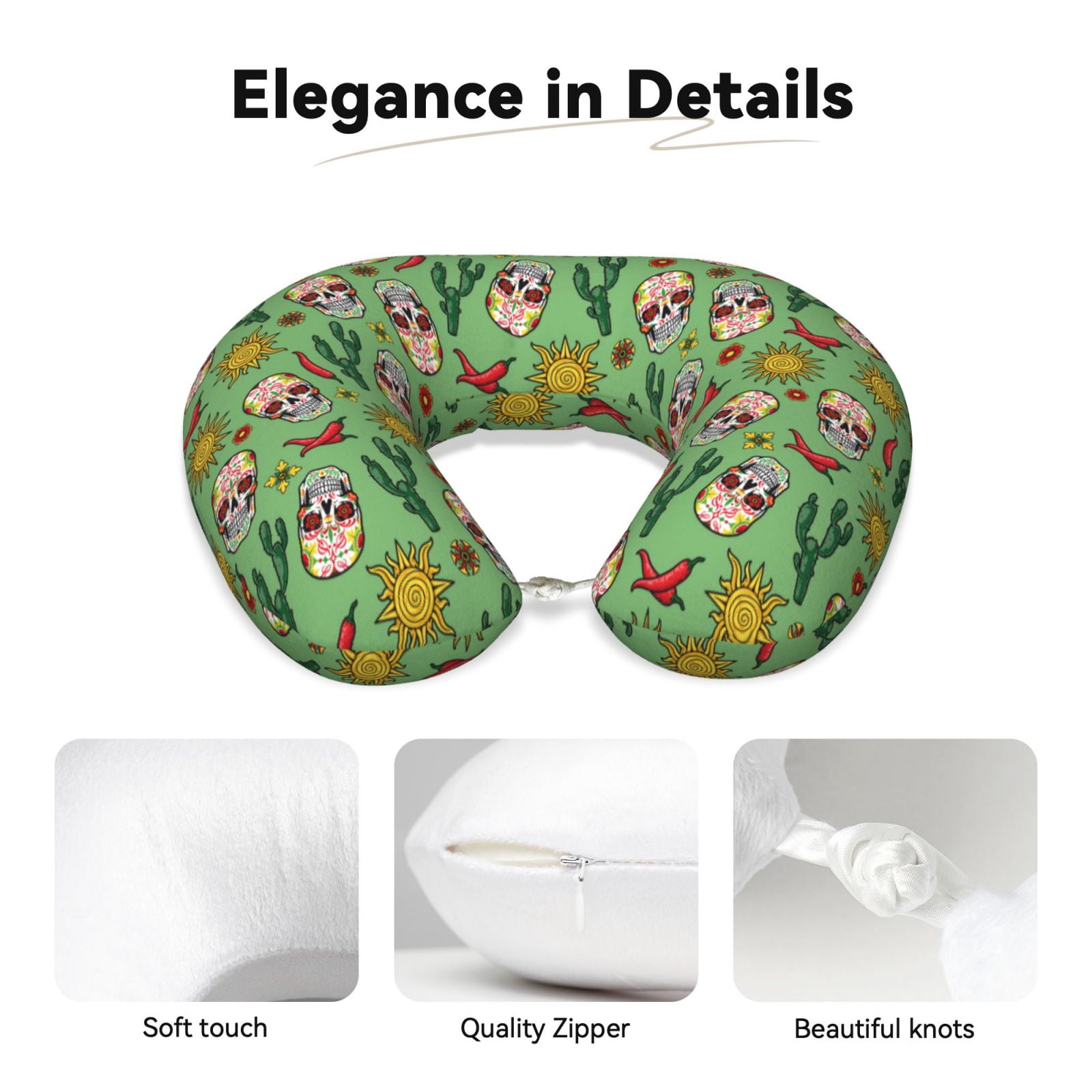 Xecao Vintage Sugar Skull Print Memory Foam Cervical Neck Pillow Versatile U-Shaped Pillows for Home,Office,Camping,Travelling,Soft Washable Cover
