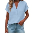 thumbnail image 5 of ClodeEU Women's Linen Blend V Neck Short Sleeve Top ,Loose Fit Casual Button Blouse Sky Blue,Womens Plus L, 5 of 6