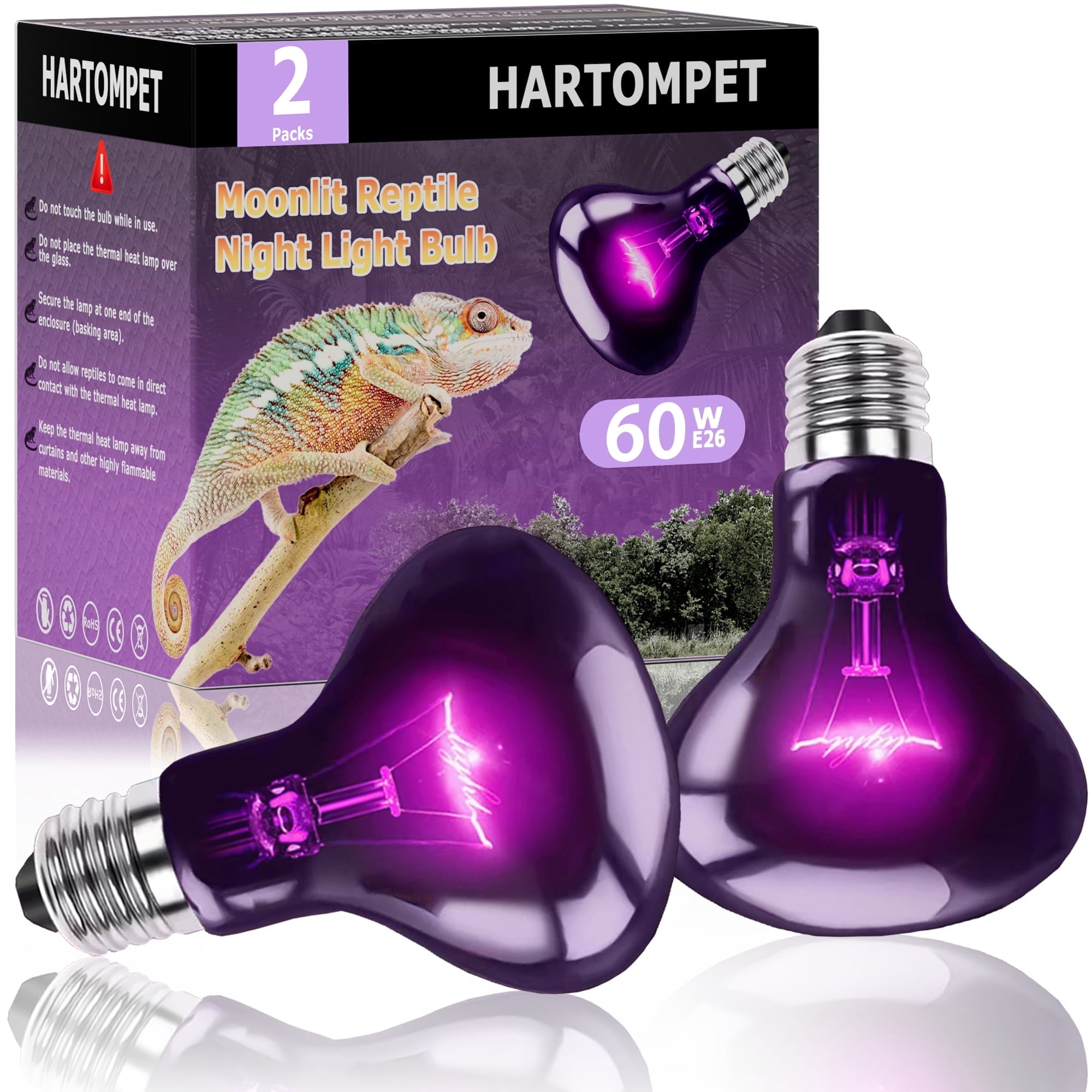 HARTOMPET 60W Reptile Night Light Bulb - Simulated Moonlight & Purple Heat Lamp for Reptiles