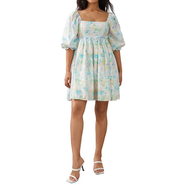 VISgogo Vestido corto femenino, cuello cuadrado de color sólido, manga corta abullonada, corte bajo, de una pieza para verano, rosa/amarillo, S/M/L/XL/XXL VISgogo moda