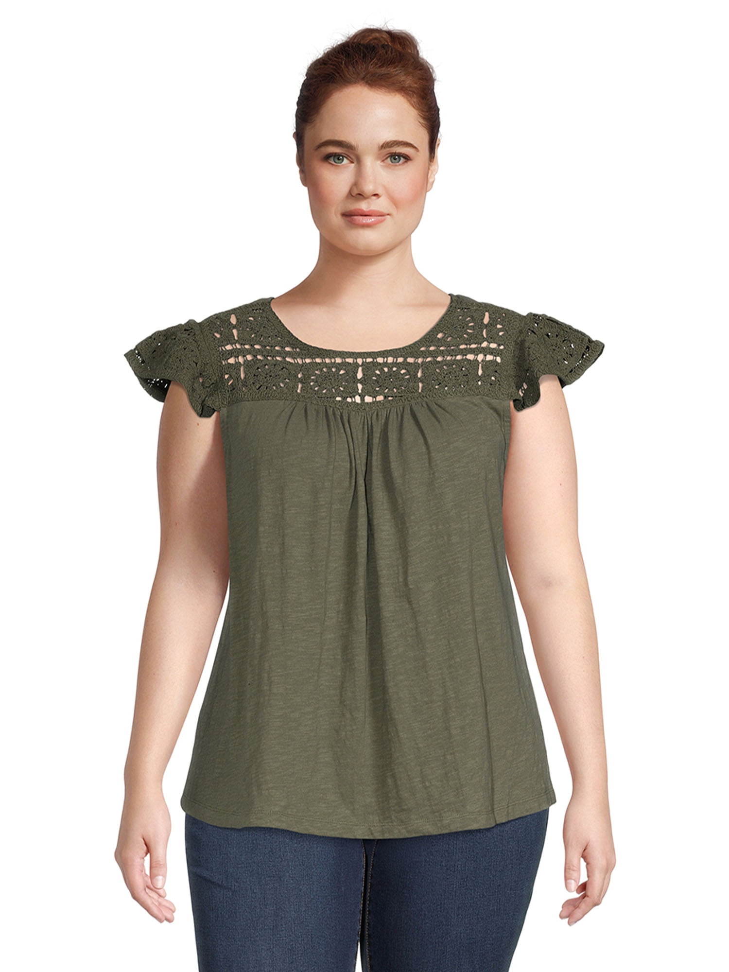 Terra & Sky Women's Plus Size Crochet Mix Top with Flutter Sleeves