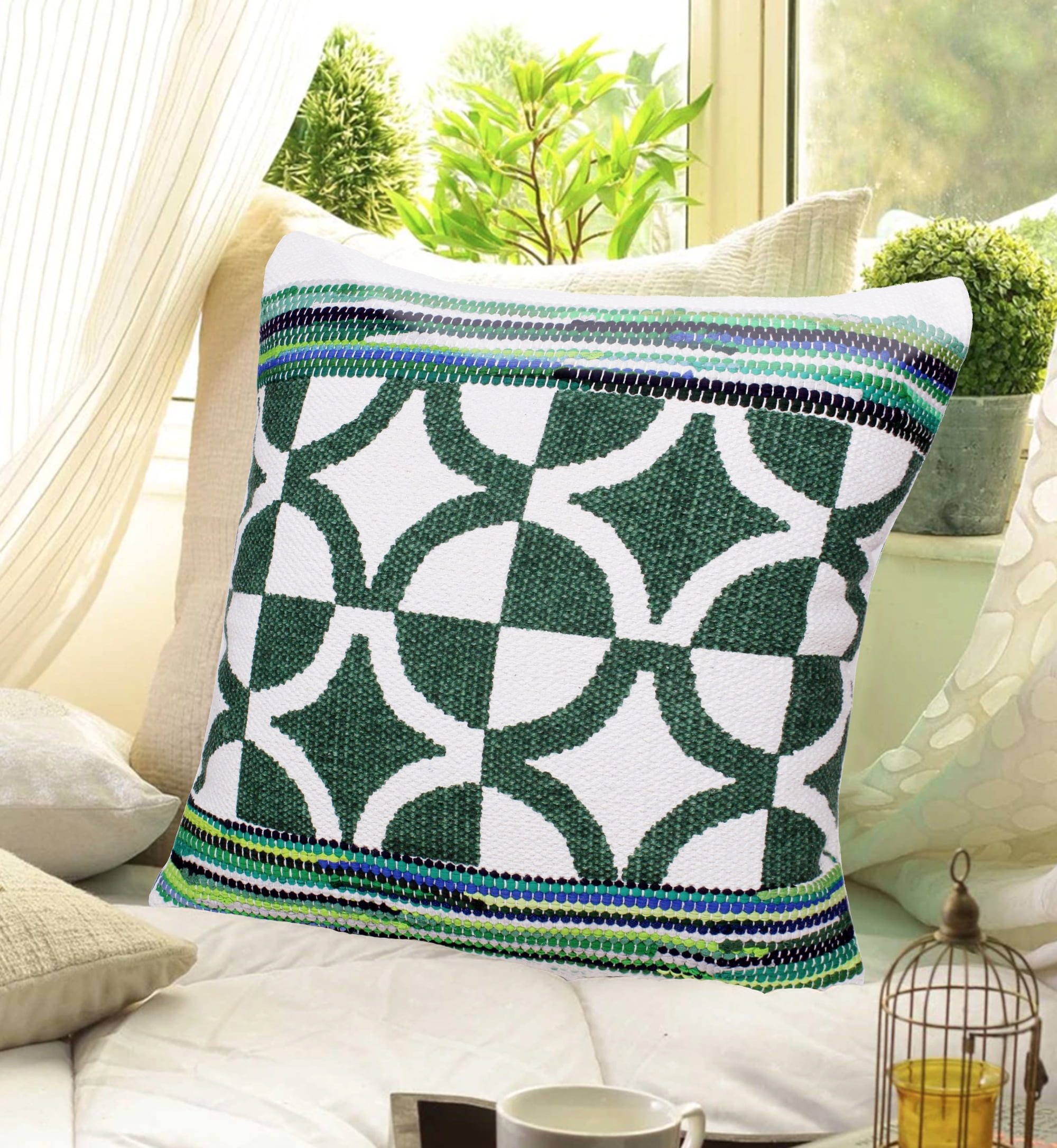 Ox Bay Naomi 20" x 20" Green/Ivory Geometric Cotton Blend Adult Decorative Throw Pillow