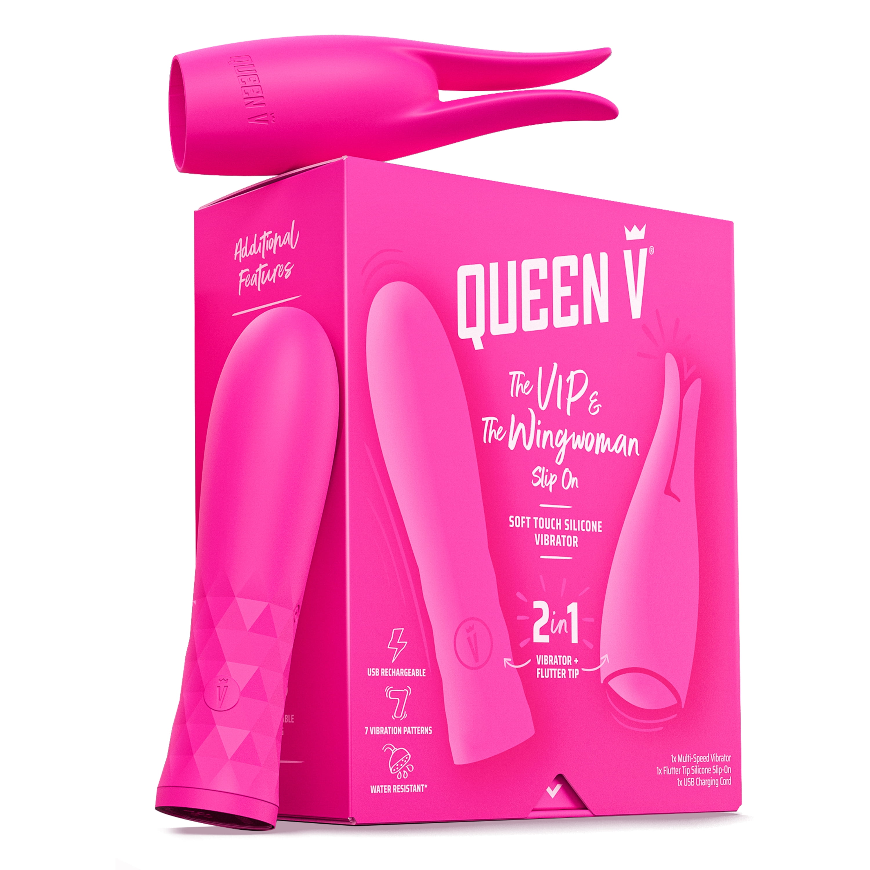 Queen V The VIP & The Wingwoman Slip On, Adult Sex Toy for Woman, 2 in 1: Multi-Speed Vibrator + Flutter Tip Slip On, USB Rechargeable, Water Resistant, Soft Touch Silicone Personal Massager