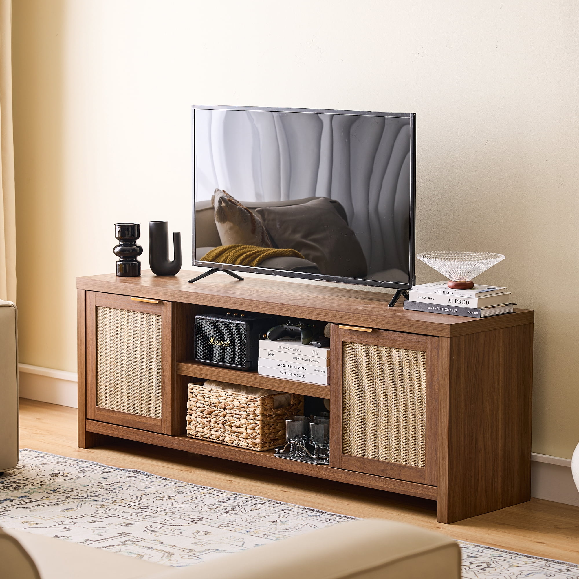 ARKANTOS Rattan TV Stand for Tvs up to 65 inch, Wood Media Console for Living Room, Classic Walnut