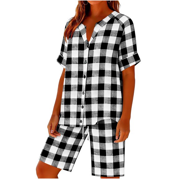 Mifsaly Linen Sets for Women 2 Piece Plaid Lounge Matching Set Short Sleeve Button up Tops Loose Wide Leg Shorts with Pockets L