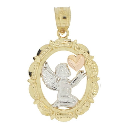 - 14k Tricolor Gold, Angel Mini Heart Pendant Charm Oval Medal
