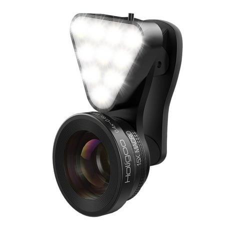 Low Light Camera Set - Holigoo 2 in 1 Cell Phone Camera Lens Kit with Beauty LED Flashlight, 0.4X Super Wide Angle Lens + 15X Macro Lens, Clip-on Phone Camera Lenses for iPhone 7, 6s, 6, 5s & Most Smartphones