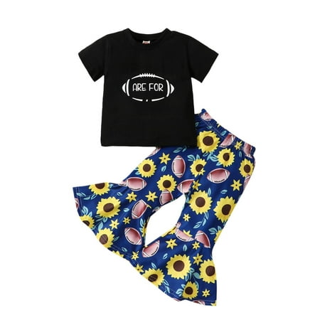 

Wiueurtly Summer Girls Printed T Shirt Flower Bell Bottoms Suit Two Piece Letter Rugby Full Printed Trousers Suit 3 6 Month Girl Sweatpants