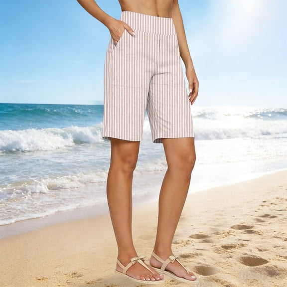 ClodeEU Women's High Waisted Striped Linen Blend Bermuda Shorts, Elastic Waist Casual Summer Pants with Pockets Beige,Women's Plus L