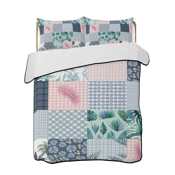 Botanical Patchwork Quilts Bedding Set Full Size Teal Tropical Leaf Grey Plaid Lightweight Quilted Bedspread 3 Piece Bed Quilt with 2 Pillow Shams All Season for Bedroom 68" x 98"